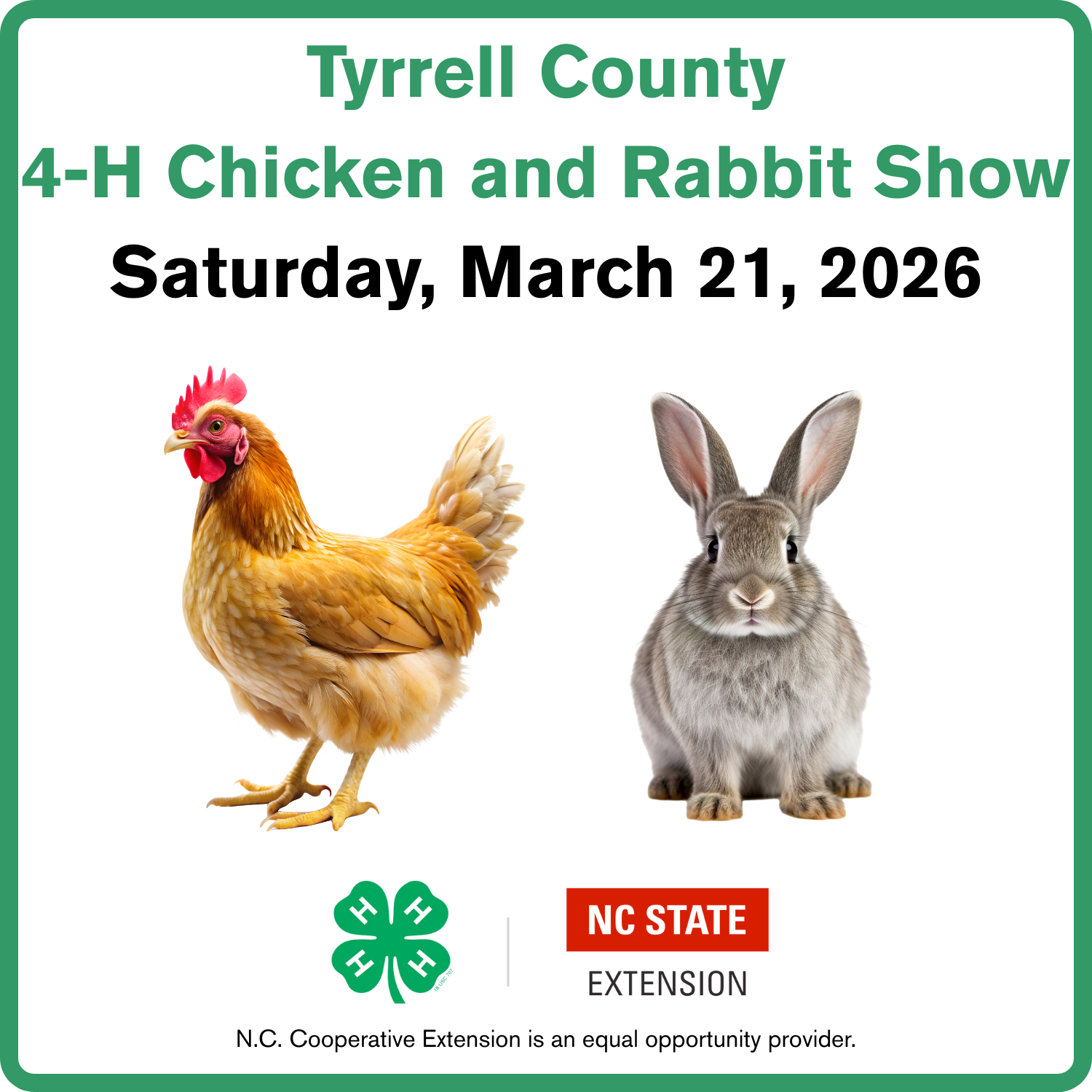 Flyer for the 2026 Tyrrell County 4-H Livestock Show and Sale. Depicts a chicken and a rabbit..