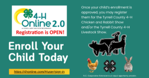 Flyer to promote registering in 4-HOnline. The flyer shows a picture of a chicken, rabbit, goat, lamb, and pig.