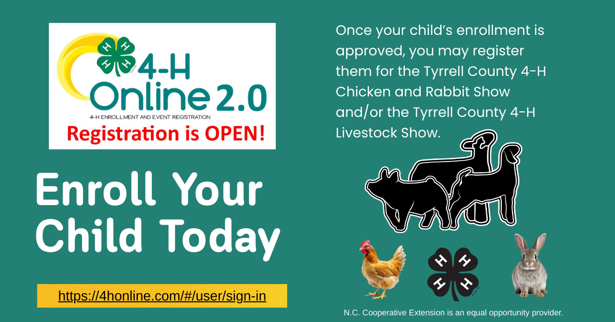 Flyer to promote registering in 4-HOnline. The flyer shows a picture of a chicken, rabbit, goat, lamb, and pig.